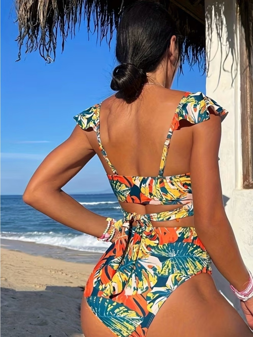Tropical Floral Ruffle High-Waist Bikini - Orange & Blue - Picture 2 of 6